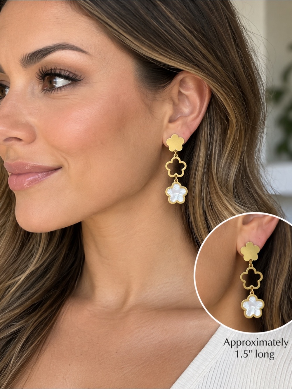 GOLD & WHITE FLORAL DROP EARRINGS